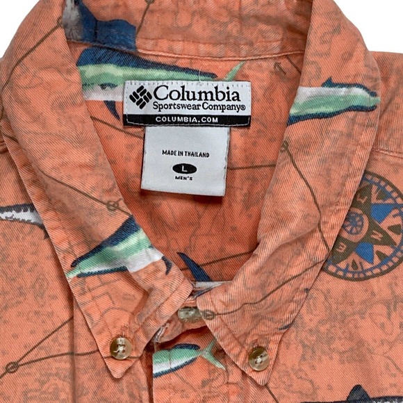 COLUMBIA Large Shirt Fish Print Button-Up Short Sleeve orange Sailfish Barracuda - Picture 3 of 9
